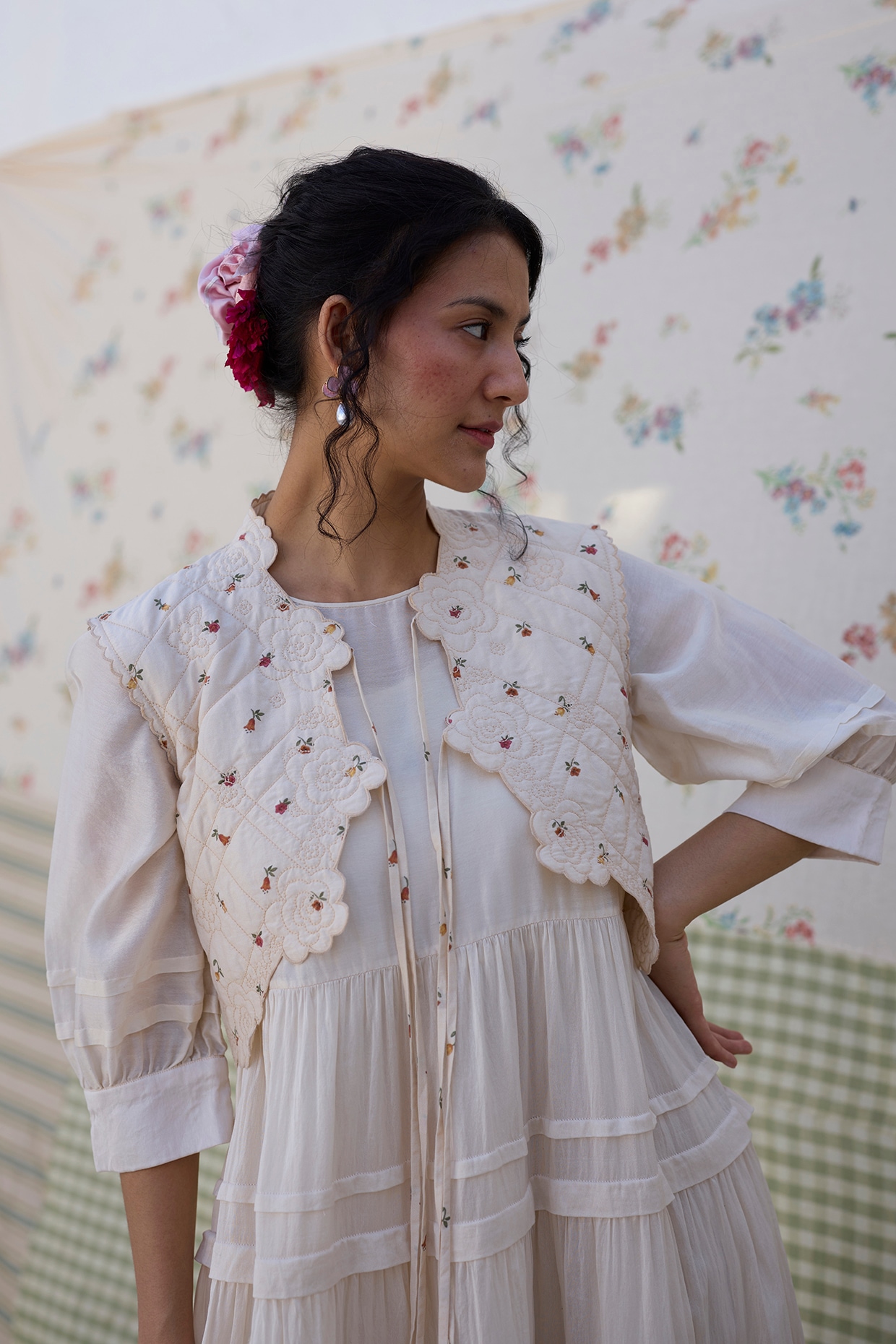 Khyati Rughani Ecru & Red Khadi Printed High-Low Gilet