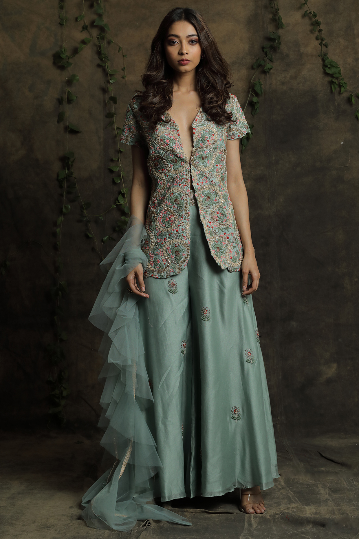 Sea Blue Floral Embroidered Jacket Set by Khushboo Bagri