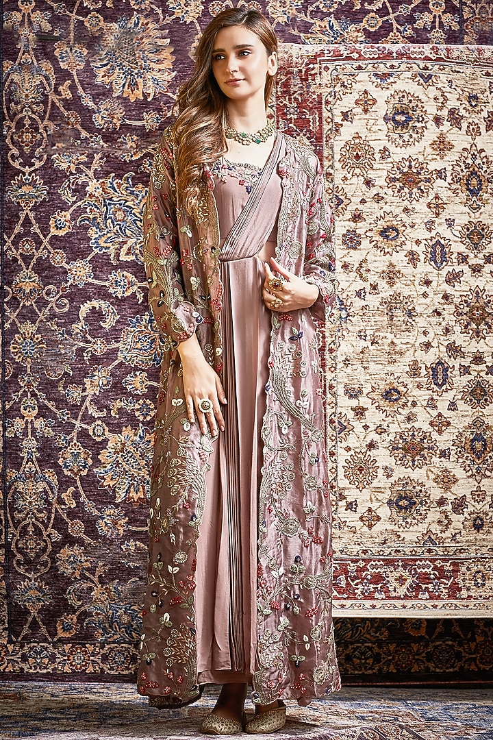 Mud Brown Embroidered Draped Wedding Saree Set by Khushboo Bagri at Pernia's Pop Up Shop