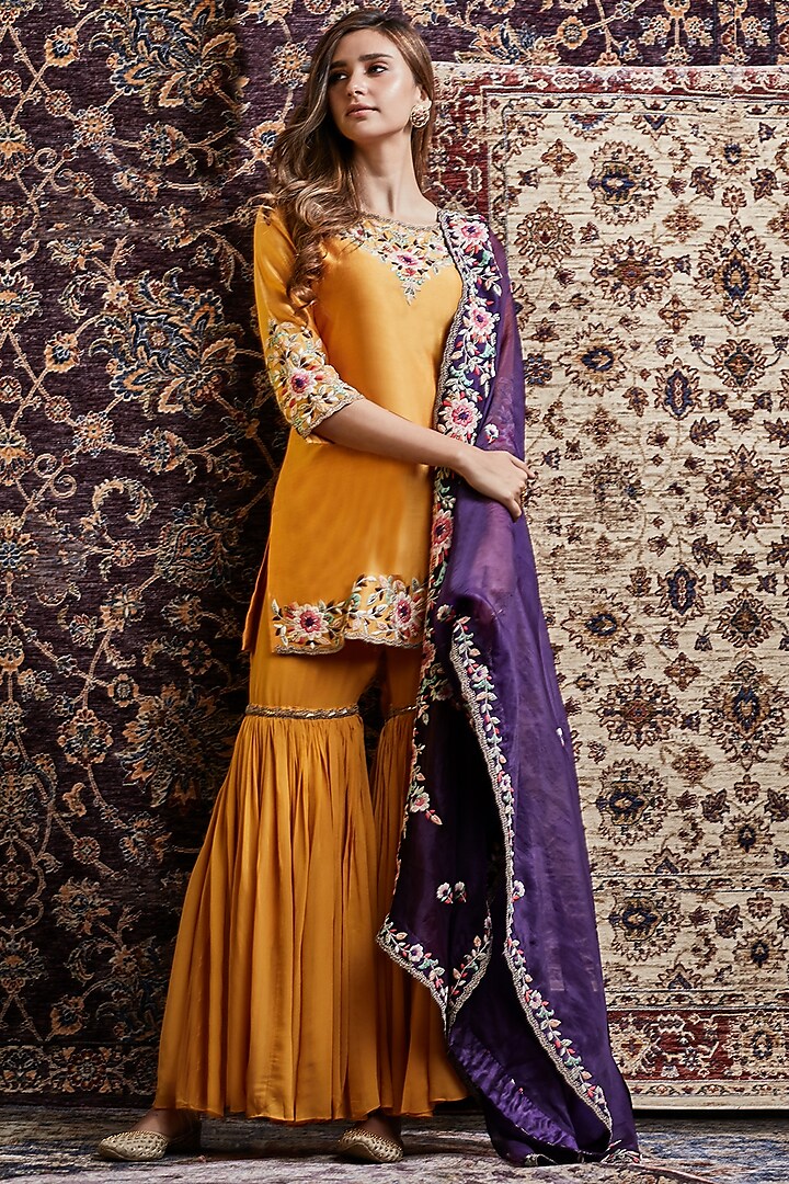 Ochre & Purple Embroidered Sharara Set by Khushboo Bagri