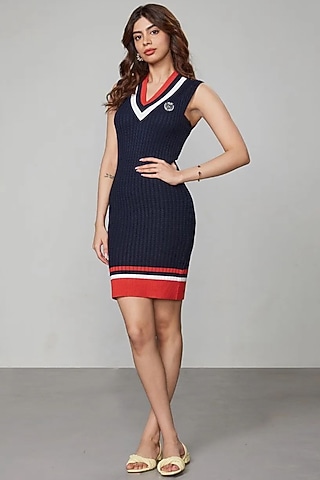Navy Blue Viscose & Nylon Knit Dress by S&N by Shantnu Nikhil at Pernia