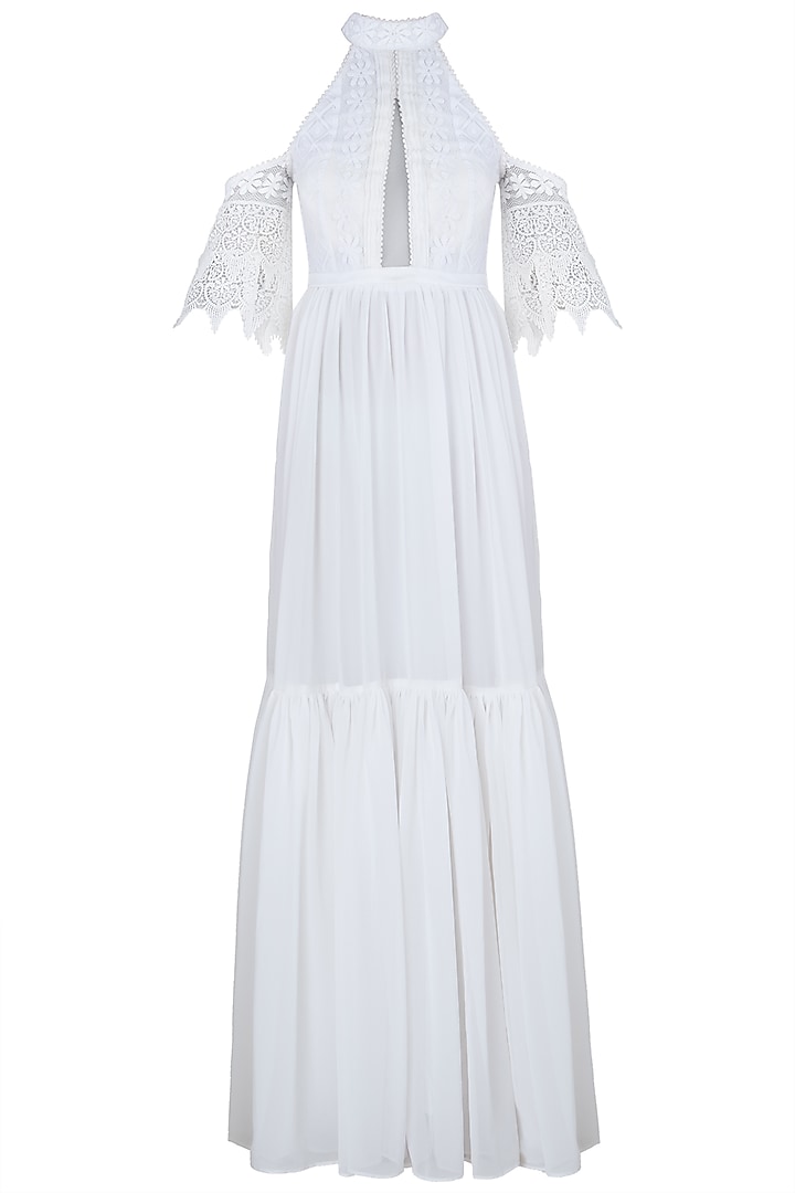White bardot sleeves maxi dress by KHWAAB
