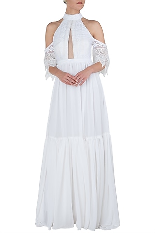 White bardot sleeves maxi dress by KHWAAB