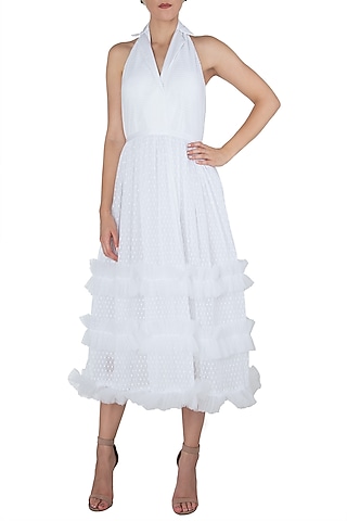 White sleeveless midi dress by KHWAAB