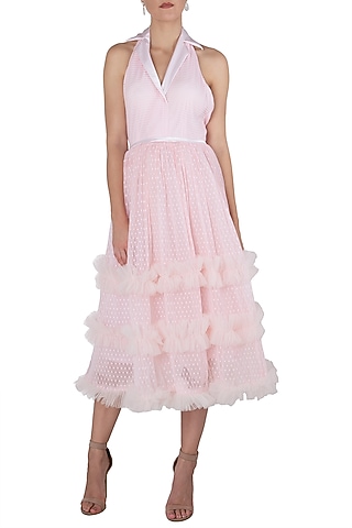 Pink sleeveless tulle dress by KHWAAB