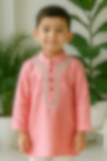 Light Peach Silk Zari Work Kurta Set For Boys by Label Kiaa at Pernia's Pop Up Shop
