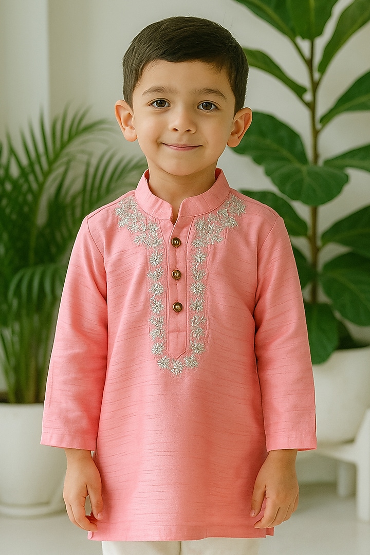 Light Peach Silk Zari Work Kurta Set For Boys by Label Kiaa at Pernia's Pop Up Shop