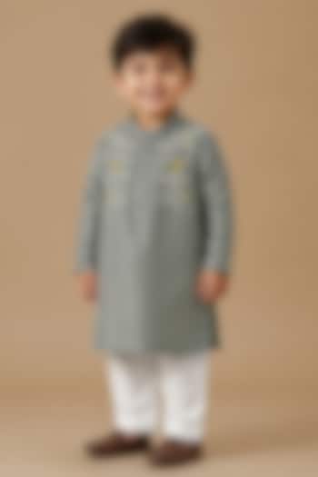 Grey Tissue Zari & Resham  Work Kurta Set For Boys by Label Kiaa at Pernia's Pop Up Shop