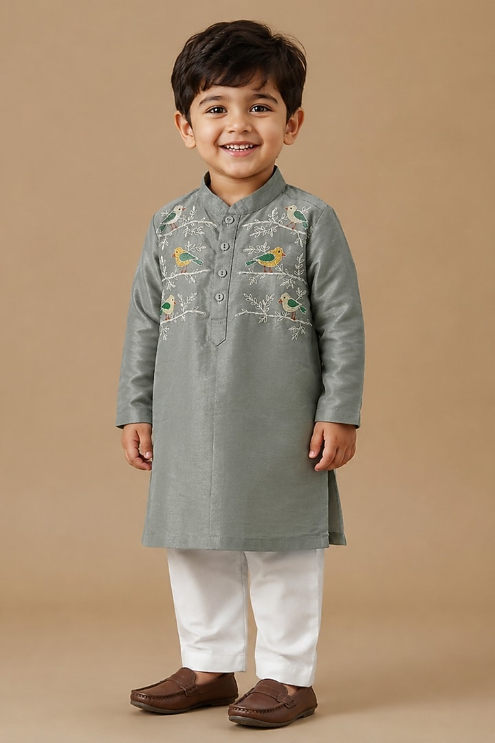 Grey Tissue Zari & Resham  Work Kurta Set For Boys by Label Kiaa at Pernia's Pop Up Shop