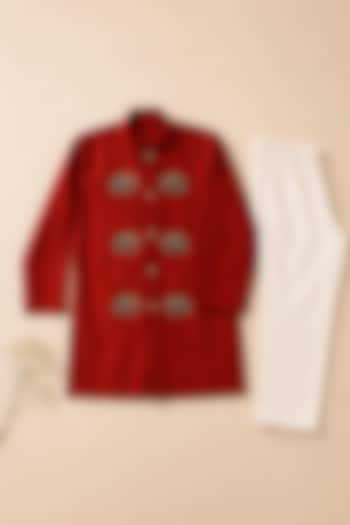 Rust Orange Silk Zari Embellished Front-Open Kurta Set For Boys by Label Kiaa at Pernia's Pop Up Shop