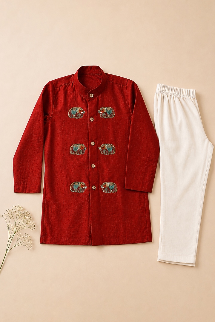 Rust Orange Silk Zari Embellished Front-Open Kurta Set For Boys by Label Kiaa at Pernia's Pop Up Shop