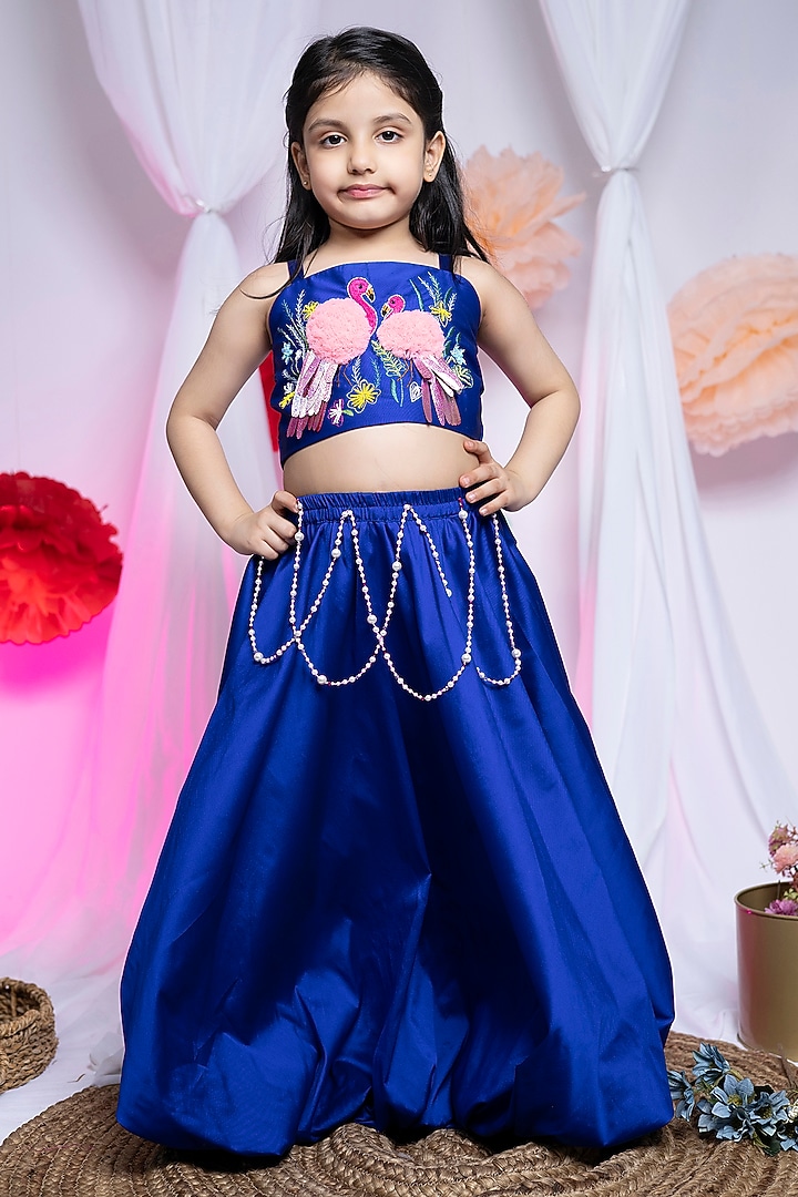 Blue Taffeta Hand Embroidered Balloon Lehenga Set For Girls by Label Kiaa at Pernia's Pop Up Shop