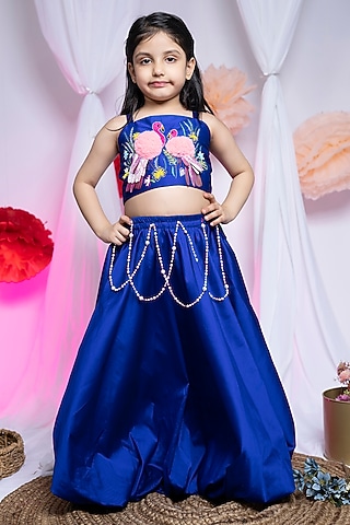 Blue Taffeta Hand Embroidered Balloon Lehenga Set For Girls by Label Kiaa
