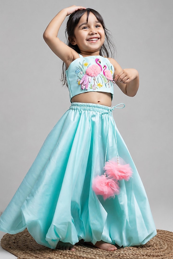 Sea Green Taffeta Hand Embroidered Balloon Lehenga Set For Girls by Label Kiaa at Pernia's Pop Up Shop