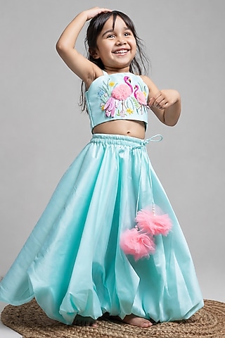 Sea Green Taffeta Hand Embroidered Balloon Lehenga Set For Girls by Label Kiaa