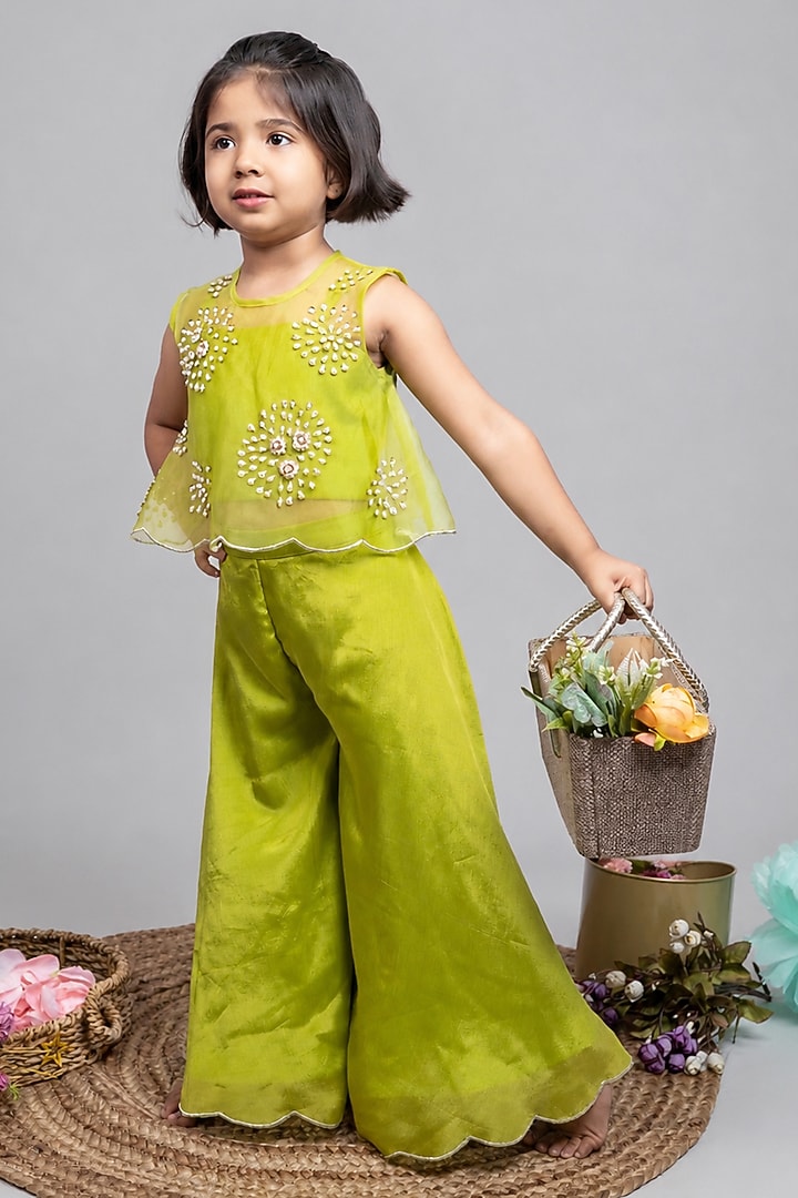 Green Organza Sequins Work Jacket Set For Girls by Label Kiaa at Pernia's Pop Up Shop