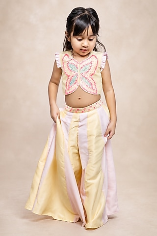 Yellow Cotton Silk Floral Sequins Work Palazzo Set For Girls by Label Kiaa