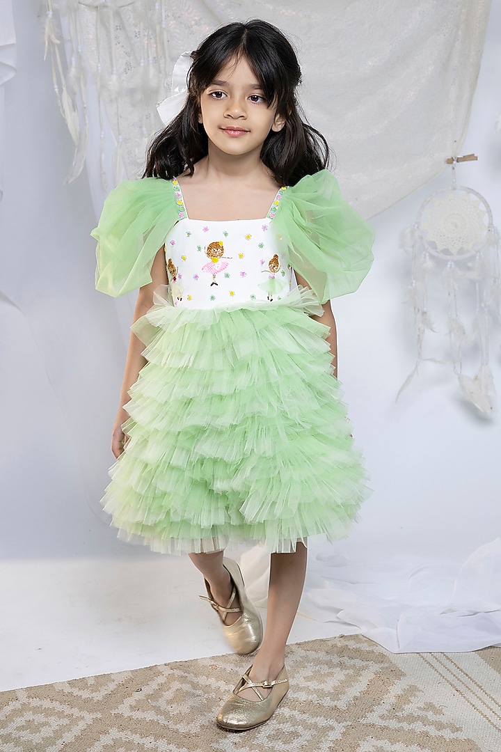Light Green Scuba & Net Frilled Dress For Girls by Label Kiaa at Pernia's Pop Up Shop