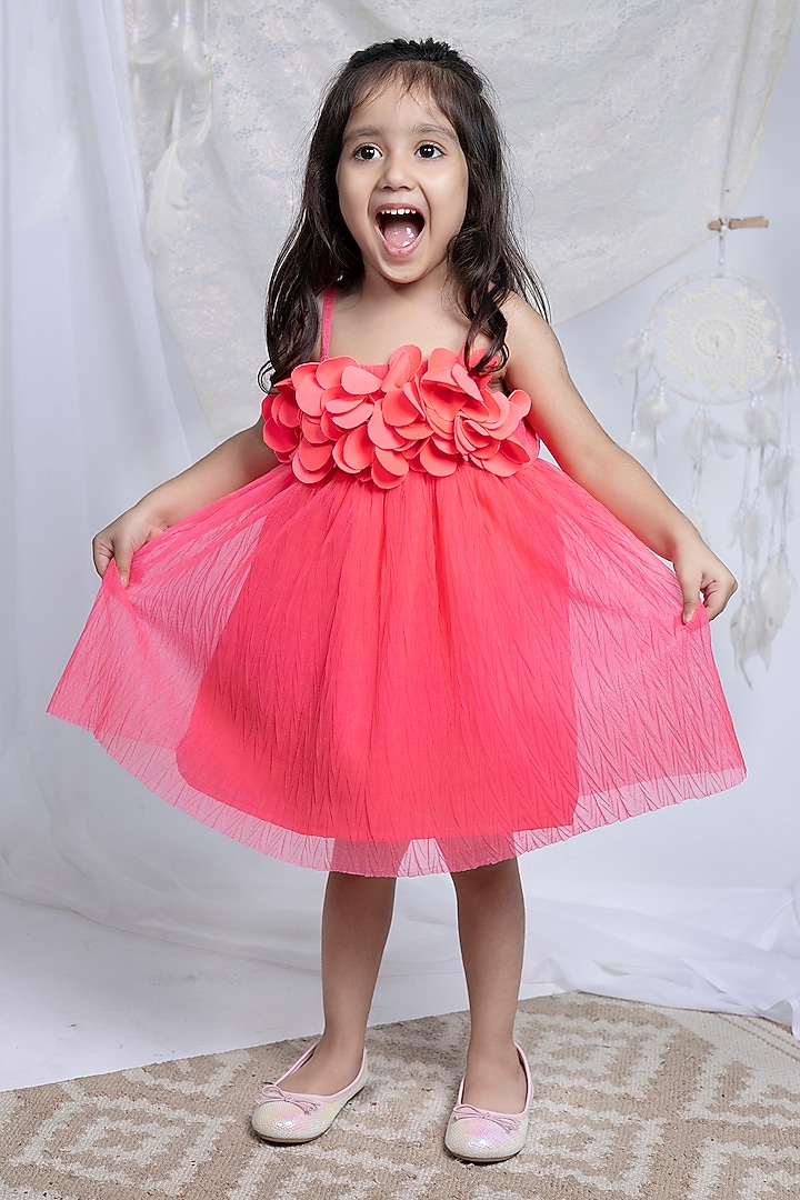 Pink Net Floral Work Pleated Dress by Label Kiaa at Pernia's Pop Up Shop
