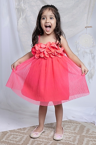Pink Net Floral Work Pleated Dress by Label Kiaa
