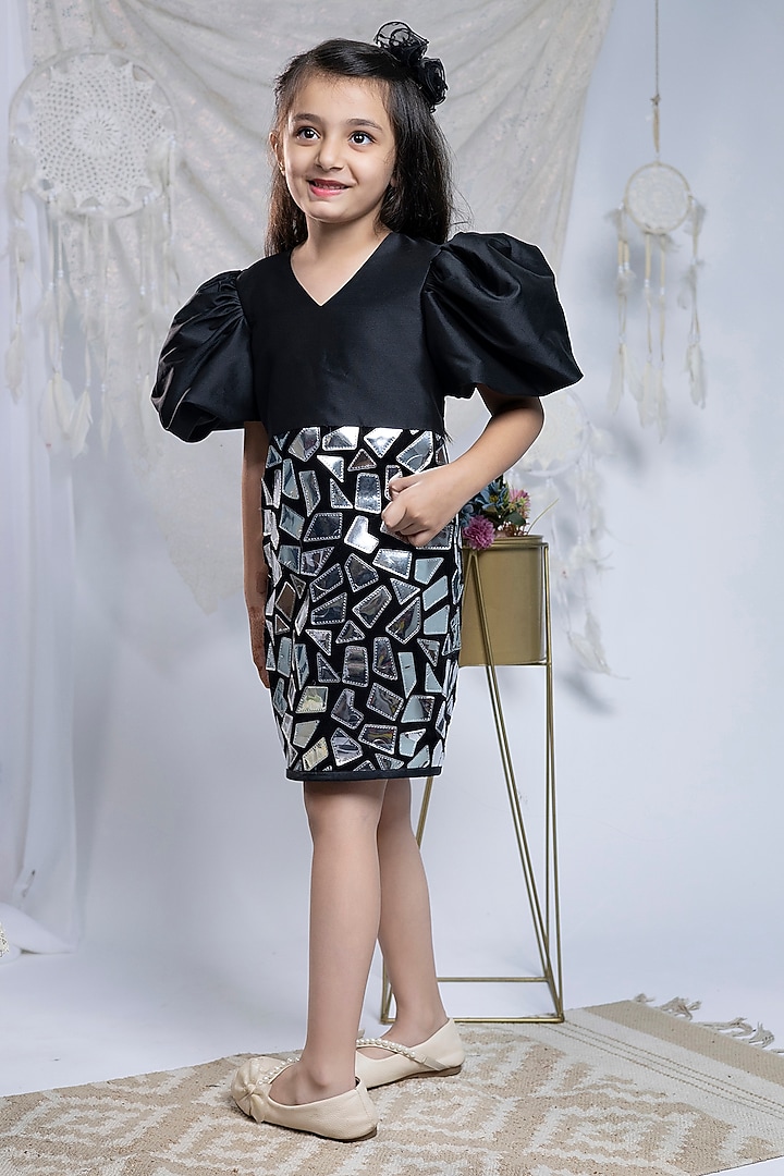 Black Taffeta & Velvet Dress For Girls by Label Kiaa at Pernia's Pop Up Shop