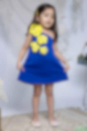 Bright Blue Light Scuba Floral Work One-Shoulder Dress For Girls by Label Kiaa at Pernia's Pop Up Shop