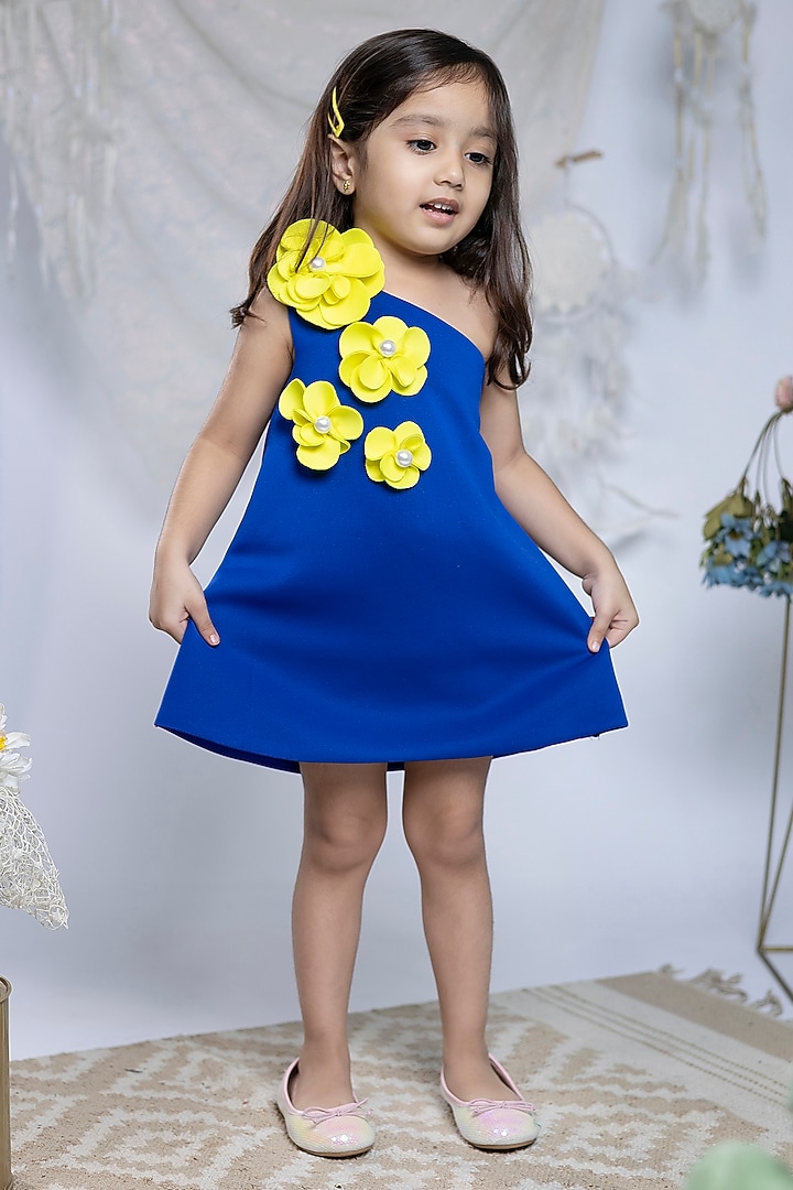 Bright Blue Light Scuba Floral Work One-Shoulder Dress For Girls by Label Kiaa at Pernia's Pop Up Shop