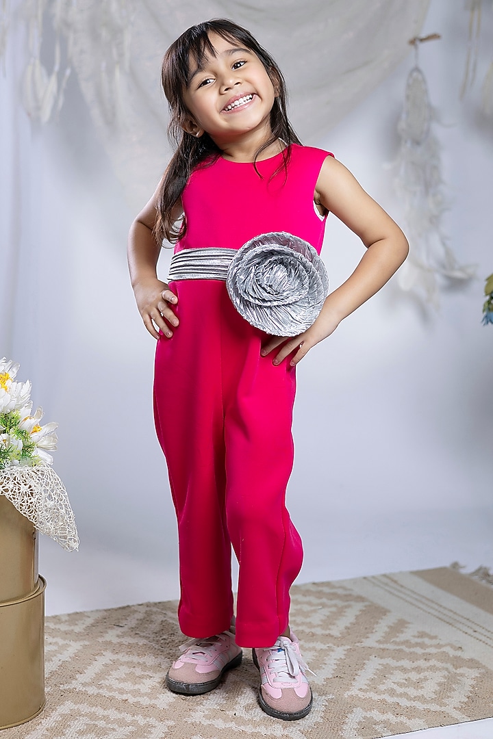 Pink Scuba Floral Work Jumpsuit For Girls by Label Kiaa at Pernia's Pop Up Shop