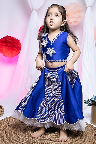 Blue Taffeta Dori Work Lehenga Set For Girls by Label Kiaa