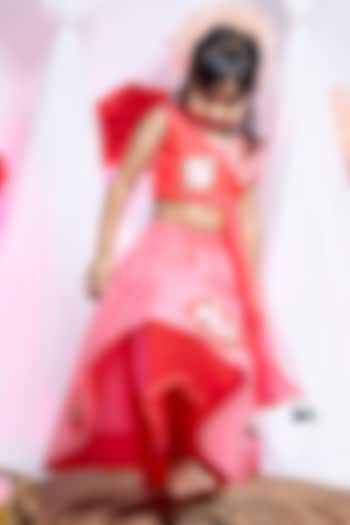 Coral Taffeta Floral Patch Work Lehenga Set For Girls by Label Kiaa at Pernia's Pop Up Shop