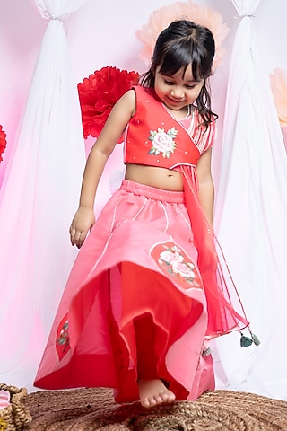 Coral Taffeta Floral Patch Work Lehenga Set For Girls by Label Kiaa