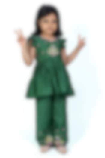 Green Linen Thread Work Peplum Kurta Set For Girls by Label Kiaa at Pernia's Pop Up Shop