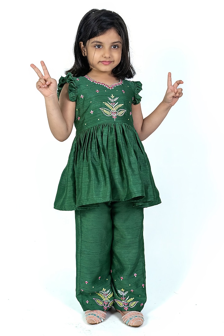 Green Linen Thread Work Peplum Kurta Set For Girls by Label Kiaa at Pernia's Pop Up Shop