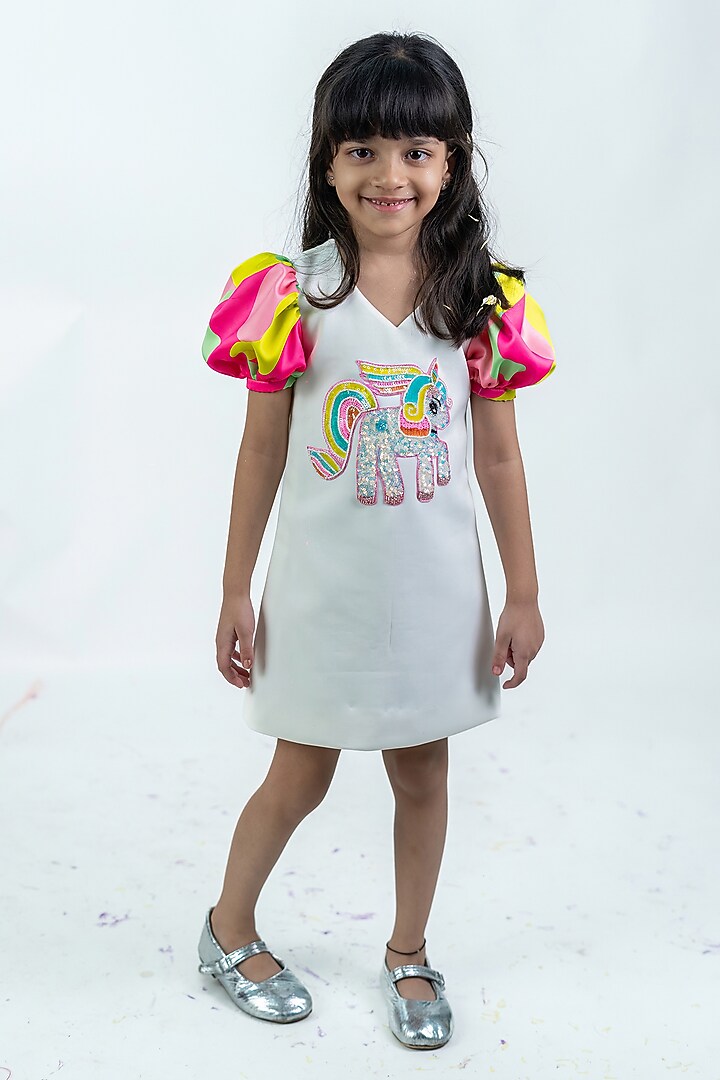 White Scuba Dress For Girls by Label Kiaa at Pernia's Pop Up Shop
