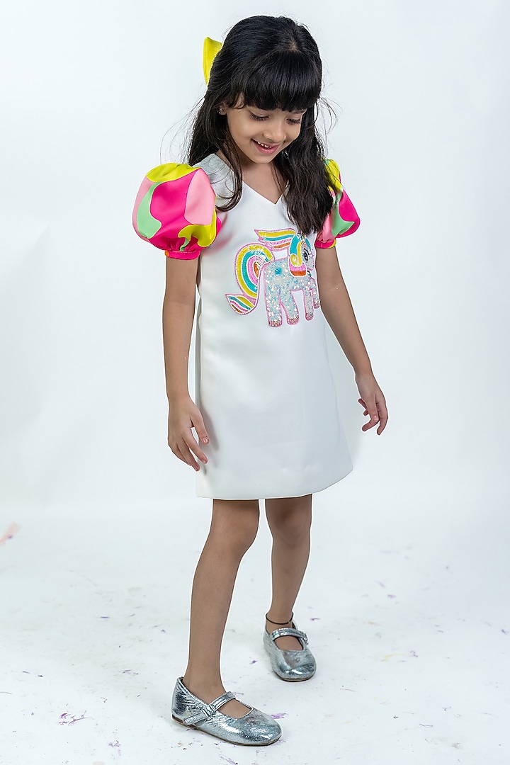 White Scuba Dress For Girls by Label Kiaa at Pernia's Pop Up Shop