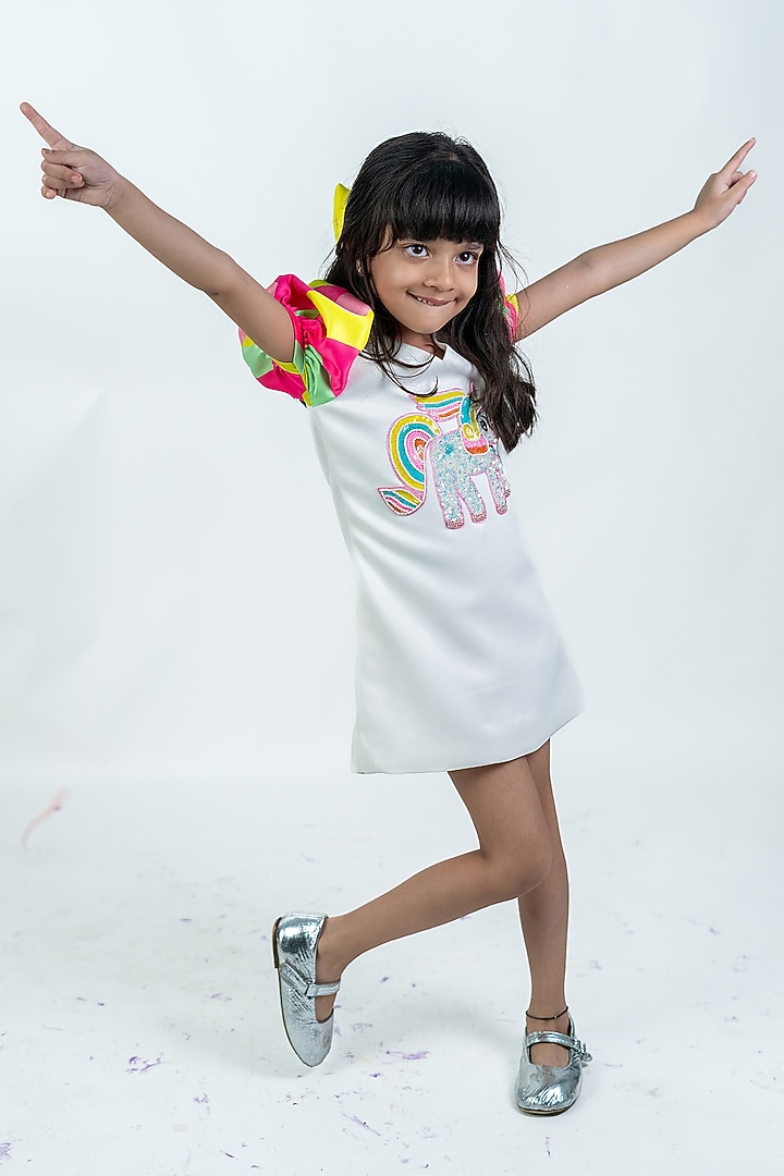 White Scuba Dress For Girls by Label Kiaa at Pernia's Pop Up Shop