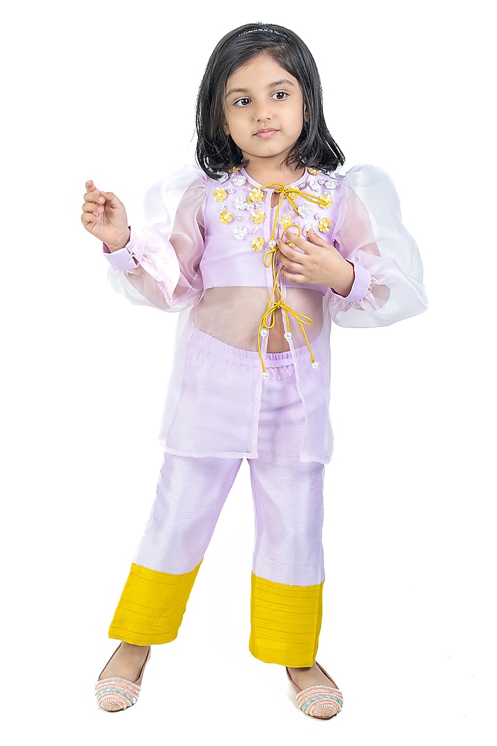 Lilac & Yellow Organza Floral Embroidered Jacket Set For Girls by Label Kiaa at Pernia's Pop Up Shop