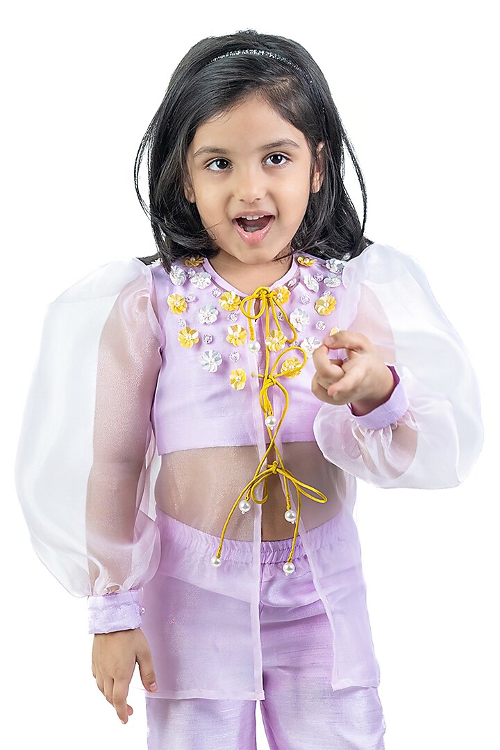Lilac & Yellow Organza Floral Embroidered Jacket Set For Girls by Label Kiaa at Pernia's Pop Up Shop