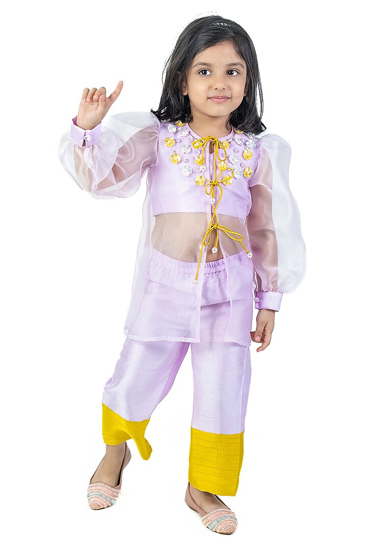 Lilac & Yellow Organza Floral Embroidered Jacket Set For Girls by Label Kiaa at Pernia's Pop Up Shop