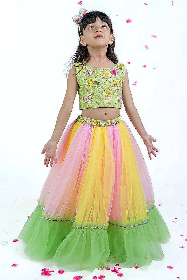 Multi-Colored Net & Lycra Lehenga Set For Girls by Label Kiaa at Pernia's Pop Up Shop