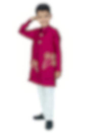 Magenta Textured Linen Nehru Jacket Set For Boys by Label Kiaa at Pernia's Pop Up Shop