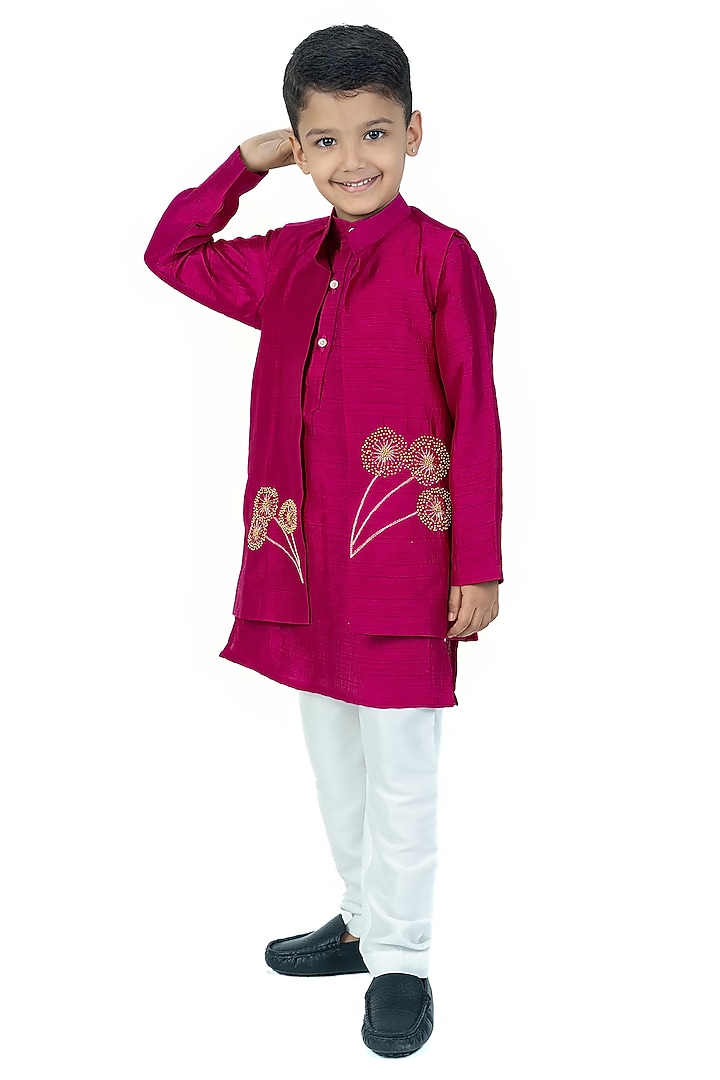 Magenta Textured Linen Nehru Jacket Set For Boys by Label Kiaa at Pernia's Pop Up Shop