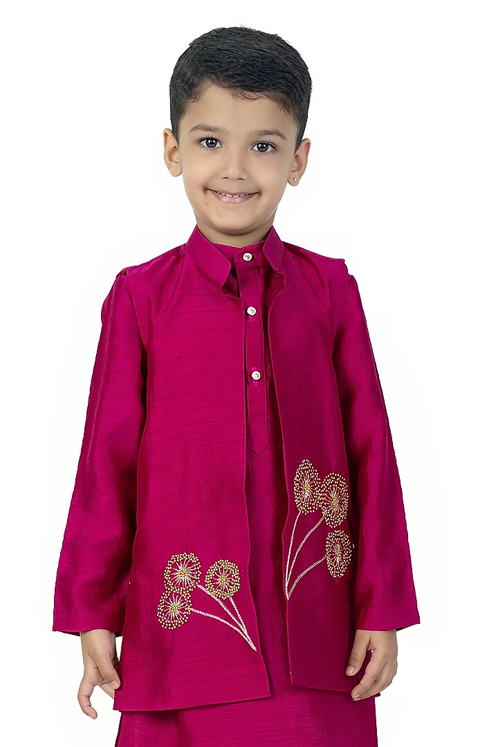 Magenta Textured Linen Nehru Jacket Set For Boys by Label Kiaa at Pernia's Pop Up Shop