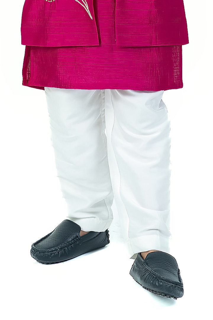 Magenta Textured Linen Nehru Jacket Set For Boys by Label Kiaa at Pernia's Pop Up Shop