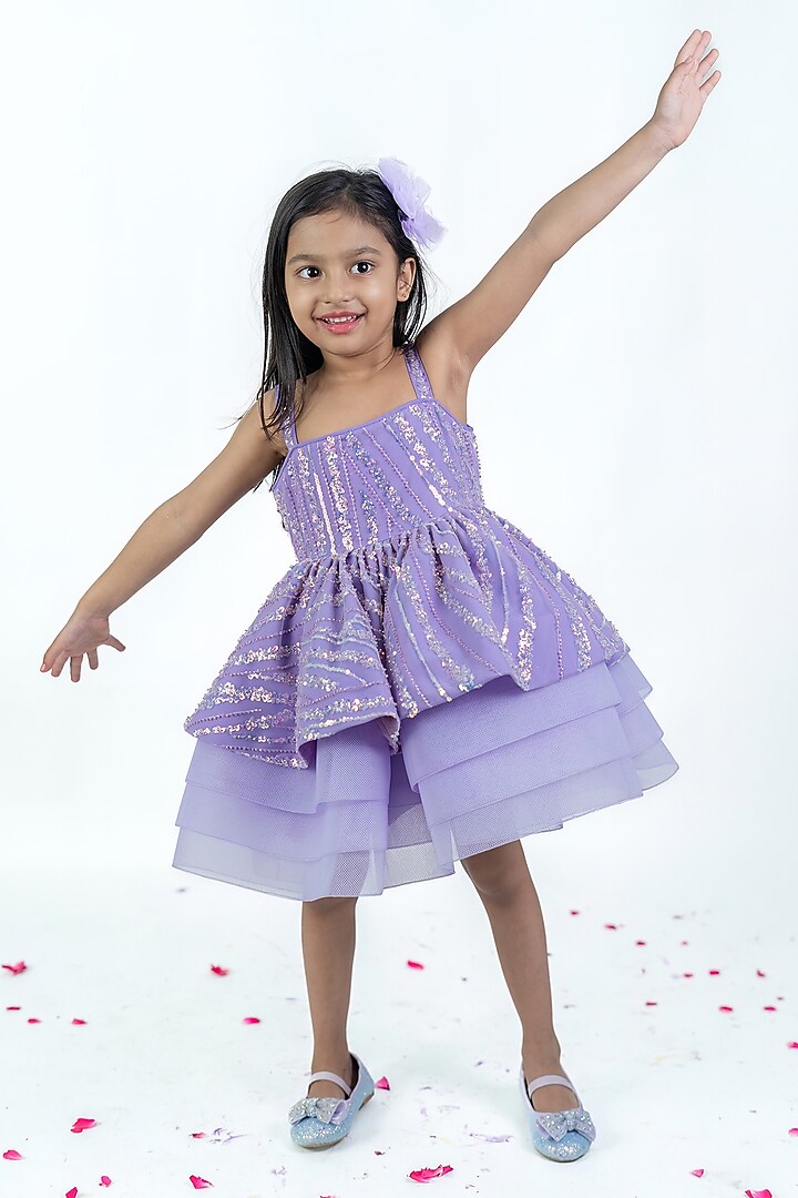 Lilac Net Sequin Work Dress For Girls by Label Kiaa at Pernia's Pop Up Shop