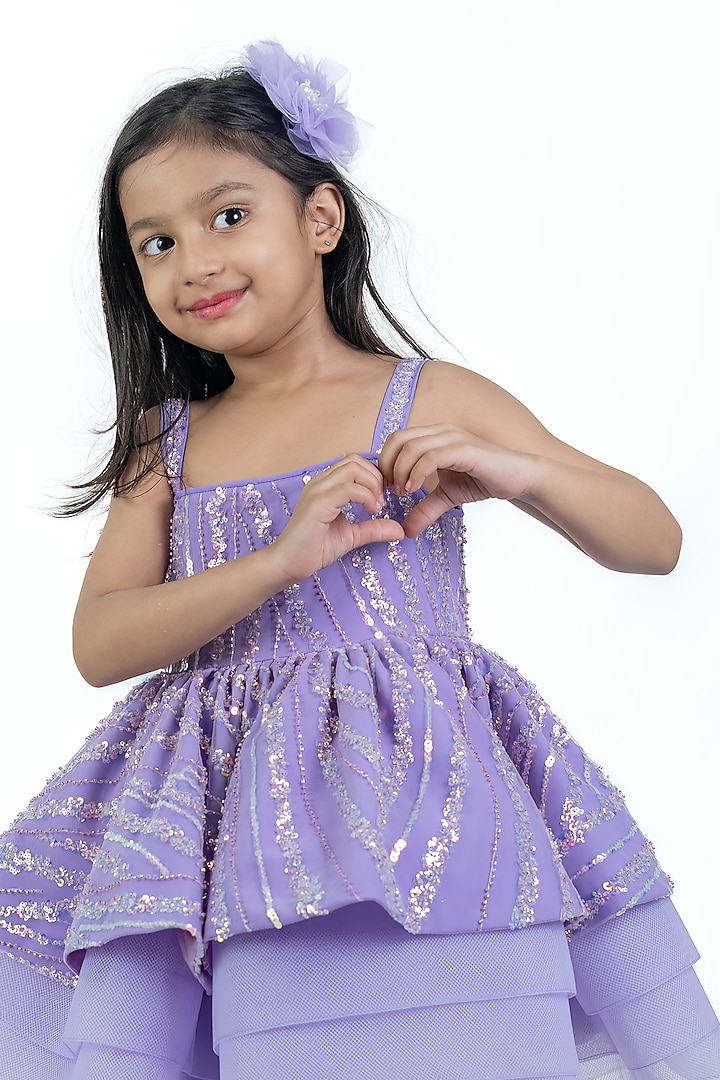 Lilac Net Sequin Work Dress For Girls by Label Kiaa at Pernia's Pop Up Shop