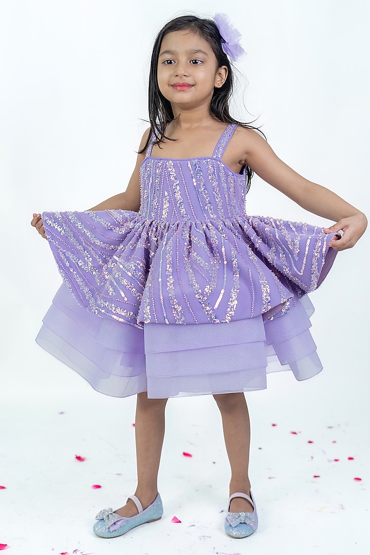 Lilac Net Sequin Work Dress For Girls by Label Kiaa at Pernia's Pop Up Shop