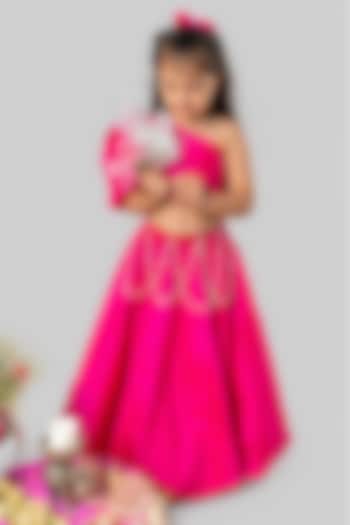 Rani Pink Taffeta 3D Floral Embroidered Lehenga Set For Girls by Label Kiaa at Pernia's Pop Up Shop