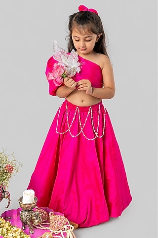 Rani Pink Taffeta 3D Floral Embroidered Lehenga Set For Girls by Label Kiaa