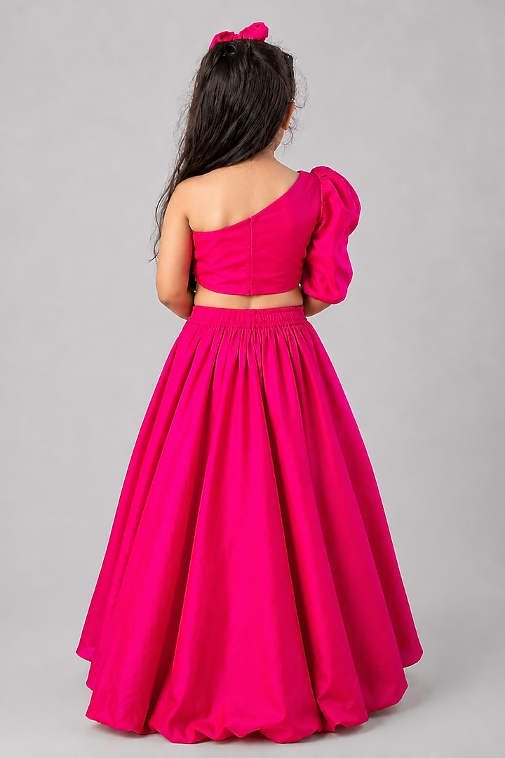 Rani Pink Taffeta 3D Floral Embroidered Lehenga Set For Girls by Label Kiaa at Pernia's Pop Up Shop